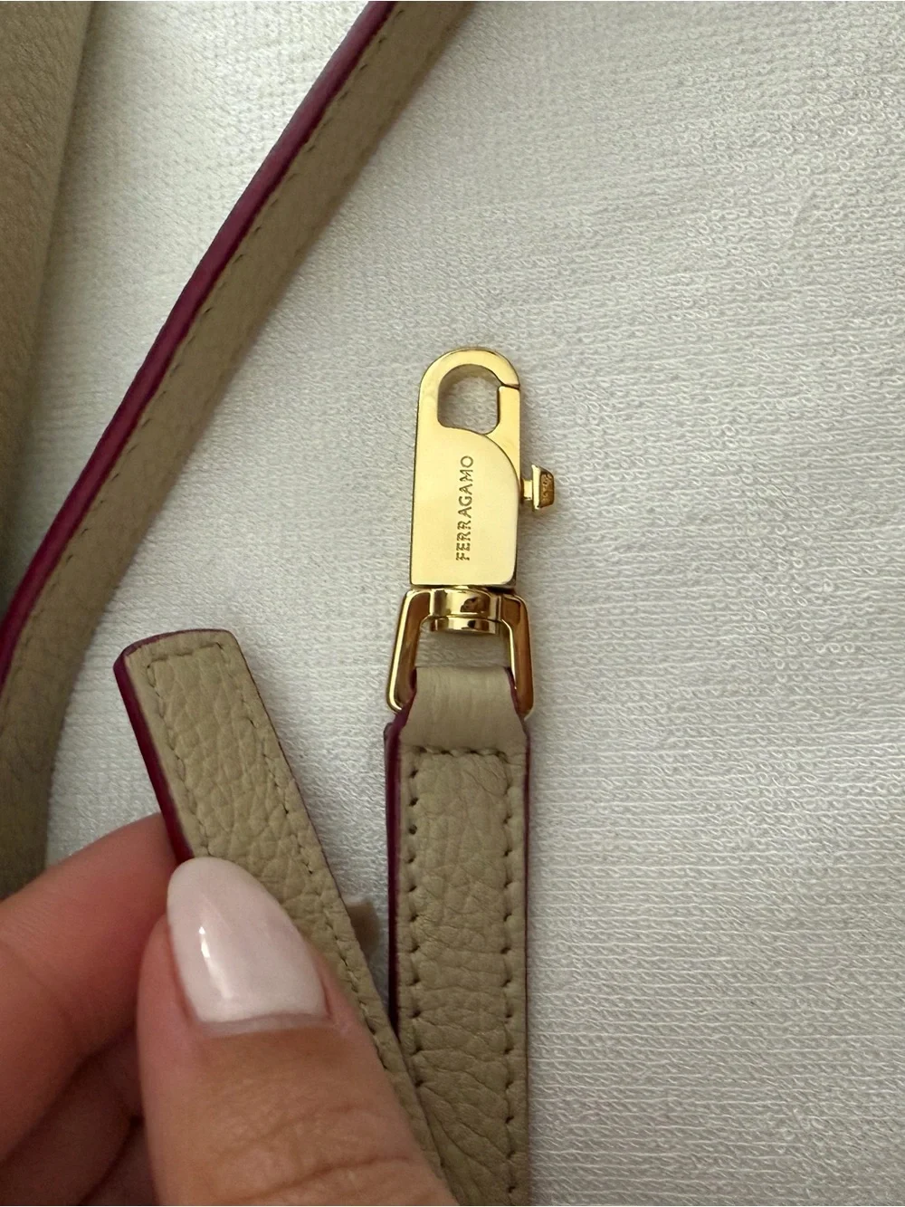 Ferragamo “XS Hug” Gold Hardware and Burgundy Trim